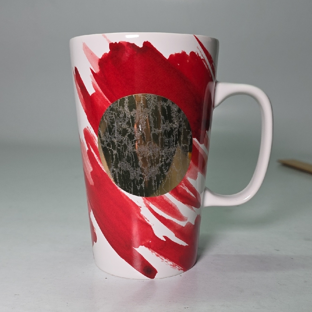 Starbucks 2014 Tall Coffee‎ Mug Tea Cup 16 Oz Red Abstract with Gold Circle